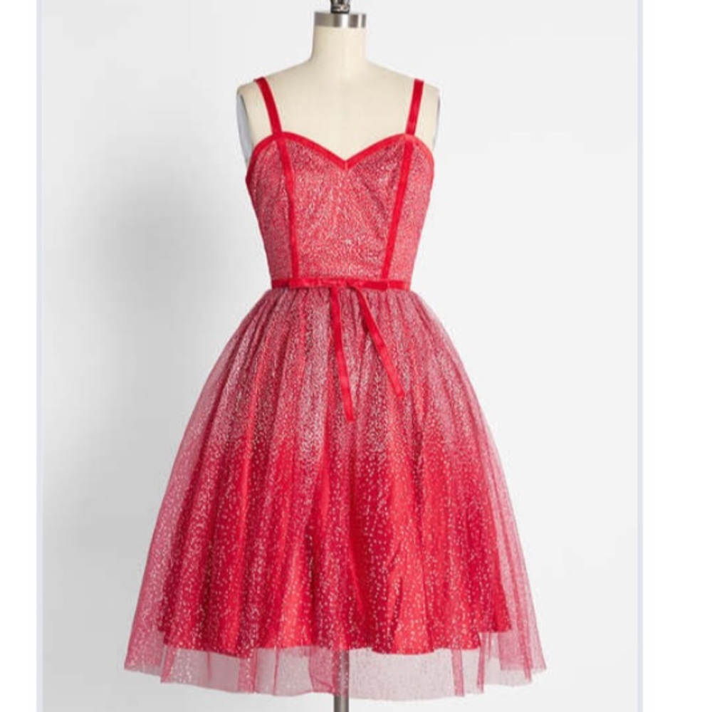 ModCloth Collectif Haute Holiday Party Swing Dress Red Crystals Embellished